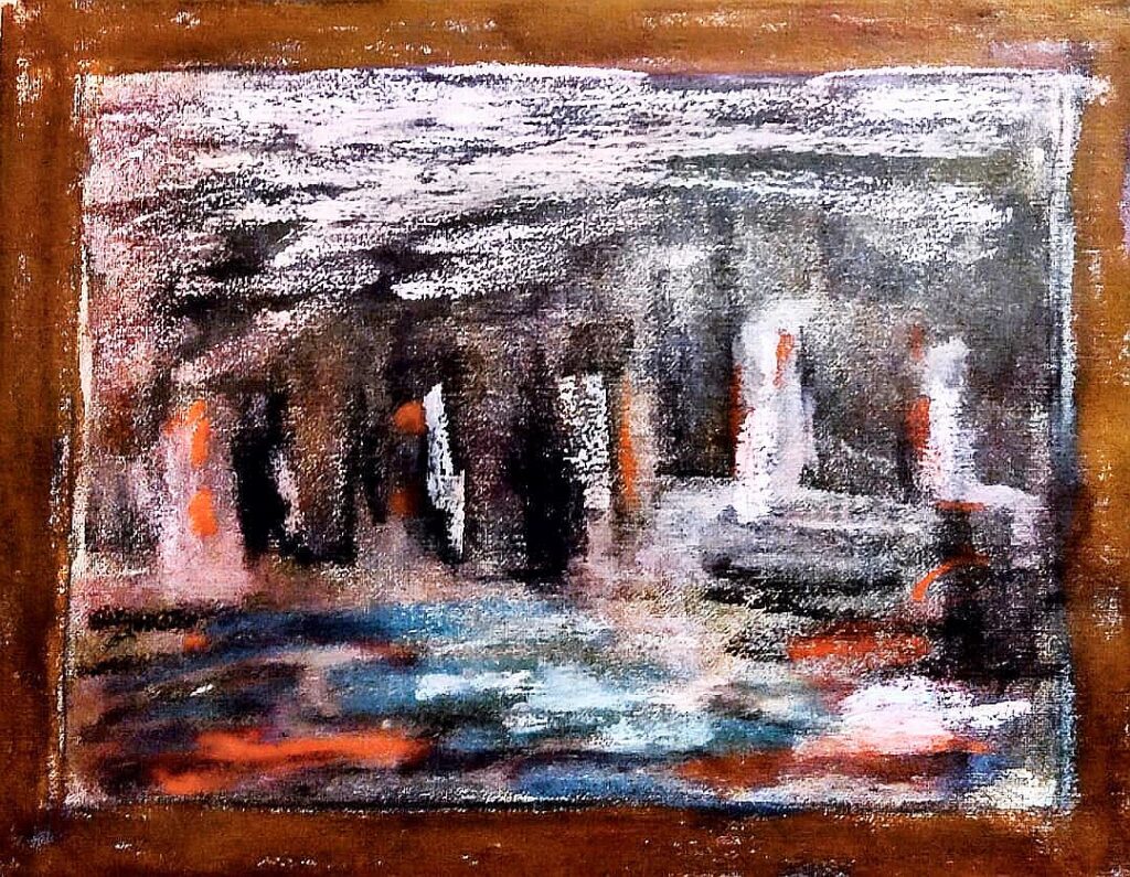 An old pastel work that was almost entirely gray. The gray absorbed most of the new color but shining the right light on this one reveals an interesting abstract work.
